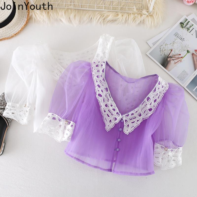 

Joinyouth Blusas Mujer De Moda Guaze Patchwork Short Blouses Korean New Clothes Pepter Pan Collar Puff Sleeve Blouse Sweet Tops, Black