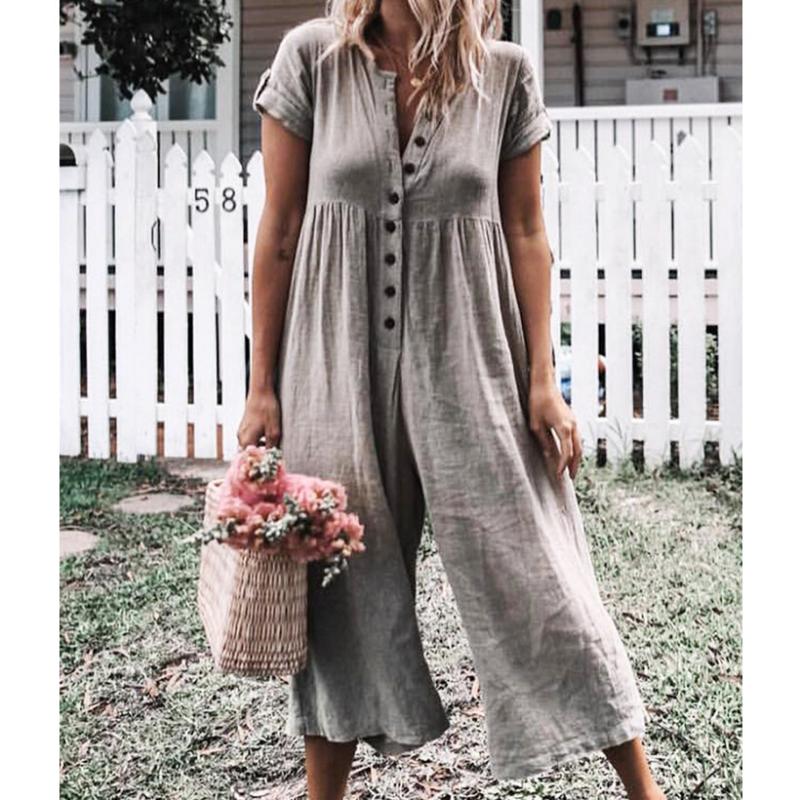 

Summer Short Sleeve Jumpsuit Women Casual Cotton Fake Linen Rompers Womens Jumpsuits Button V Neck Wide Leg Trousers Jumpsuits, Army green