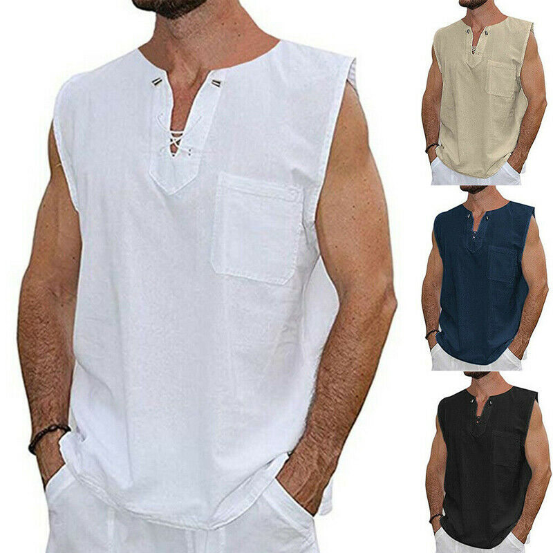 

Fashion Men Baggy Tank Tops New Solid Color Cotton Linen Summer Sleeveless Casual Tops Wear Male Bandage Collar Pullover Sport, White