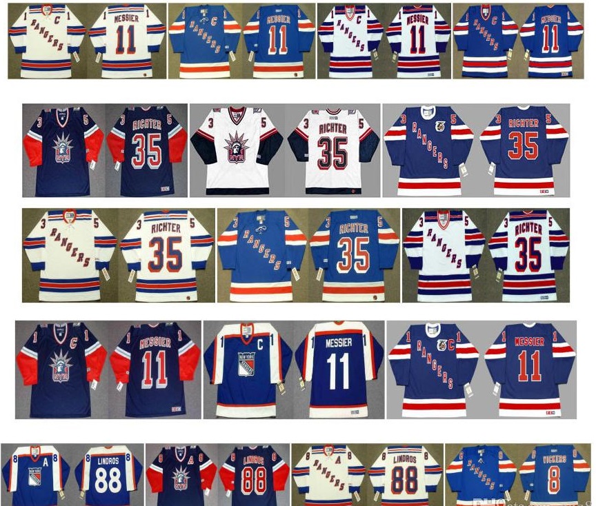 

Vintage New York Rangers Jerseys 35 Mike Richter 11 Mark Messier 88 Eric Lindros 8 Steve Vickers Blue White CCM Custom Hockey Jerseys, Colour 3