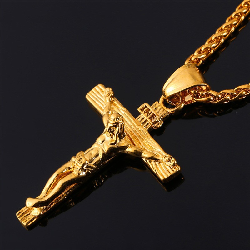 

Men Jesus Cross Pendant Necklace Hip Hop 60cm Gold Chain for Men Women Stainless Steel INRI Crucifix Cross Necklaces Statement Jewelry