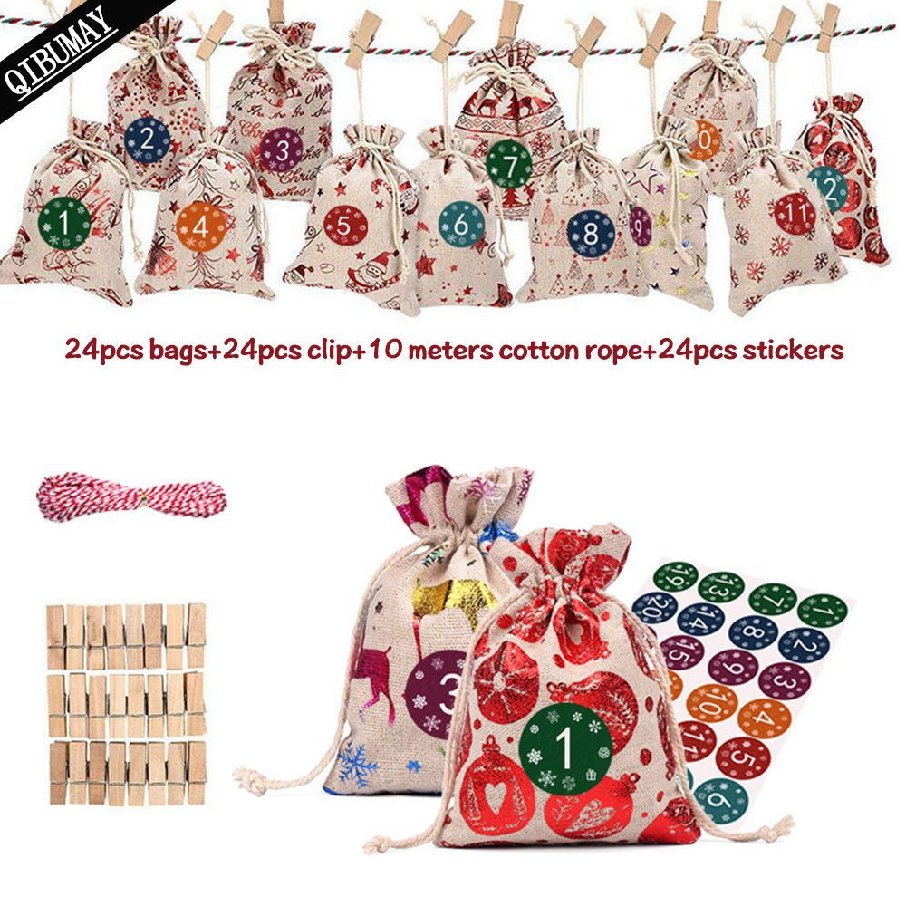 

QIBU 24pcs Christmas Gift Bags Bronzing Printing Drawstring Pockets with sticker Wedding Party Decoration Line Jute Gifts Bags