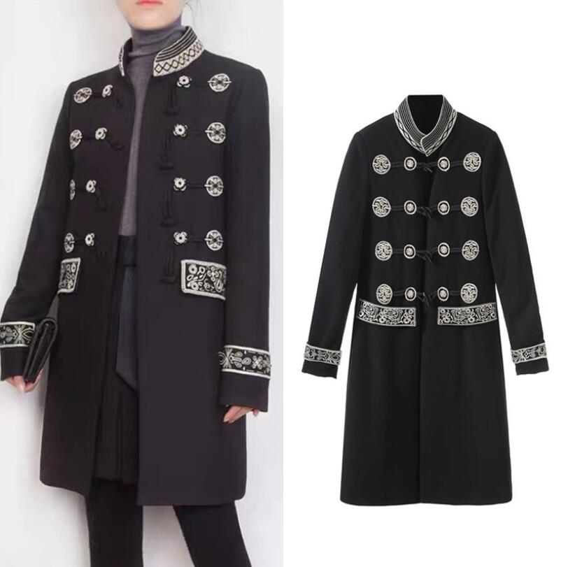 

Women Trench Coat Runway Vintage Navy Embroidery Womens Jacket Winter Stand Collar Windbreaker Jacket Long Coat w334, Black