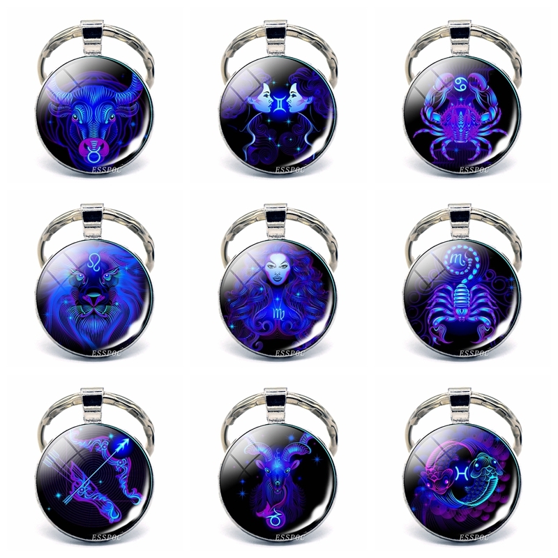 

Wholesale 12 Constellation Keychain Classic 12 Zodiac Signs Glass Dome Alloy Keyring Keychain Fashion Accessories Birthday Gift
