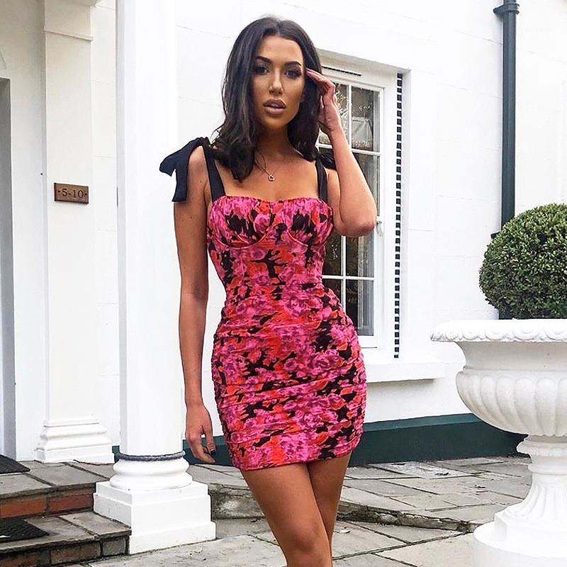 Womens Designer Flora Printed Dresses Fashion Bow Sashes Natural Color Dresses Casual Sleeveless Slash Neck Dresses Womens Clothing