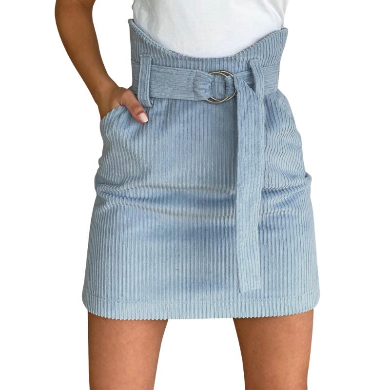 

A-Line Skirts 2020 Women Mini Skirt Female Formal Officewear Blue High Waist Fleece Vintage Mini Skirts Belt, Sky blue