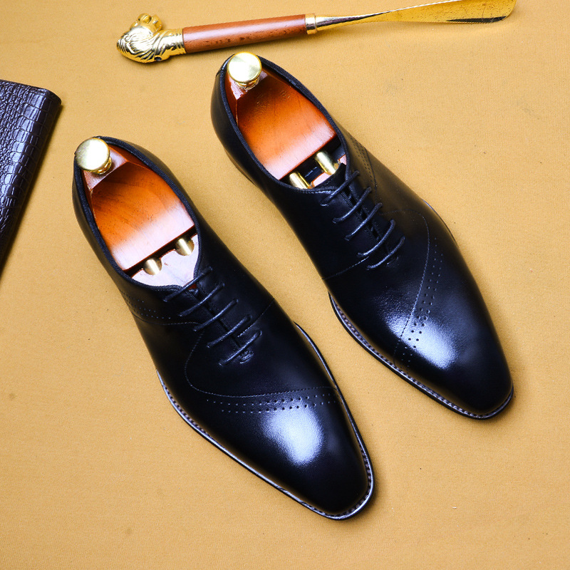 

Cow Leather Dress Shoes Man Genuine Leather Carved British Rub Color Business Brogues Oxford Shoes, Black