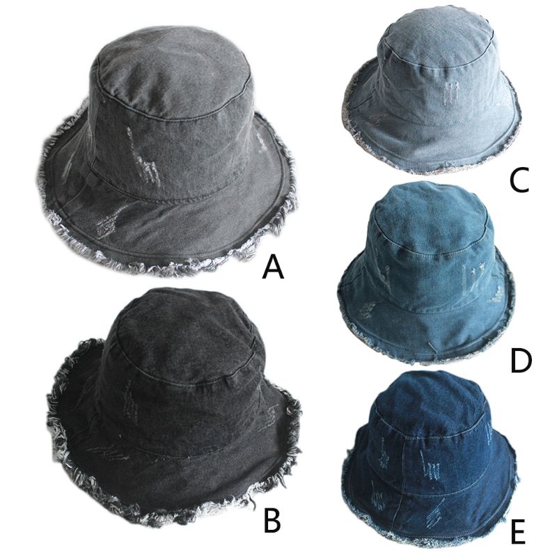 

Japanese Style Women Men Washed Denim Bucket Hat Vintage Distressed Fringe Tassels Brim Sunscreen Foldable Fisherman Cap