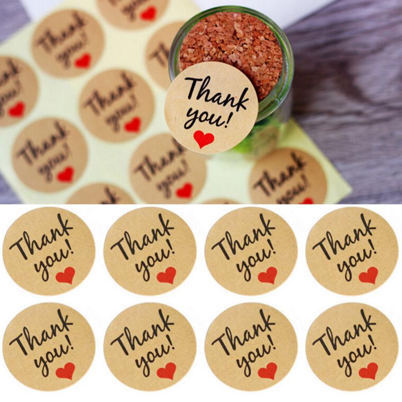 

60 Pcs Thank You Red Love Self-adhesive Stickers Kraft Label Sticker Diameter 3.5cm Cake Candy Paper Tags