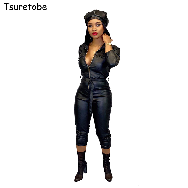 

Tsuretobe Autumn Skinny Jumpsuit Women Leather Sexy Bandage Romper Zipper Long Sleeve Party Overalls With Belt Outfits Female, Black