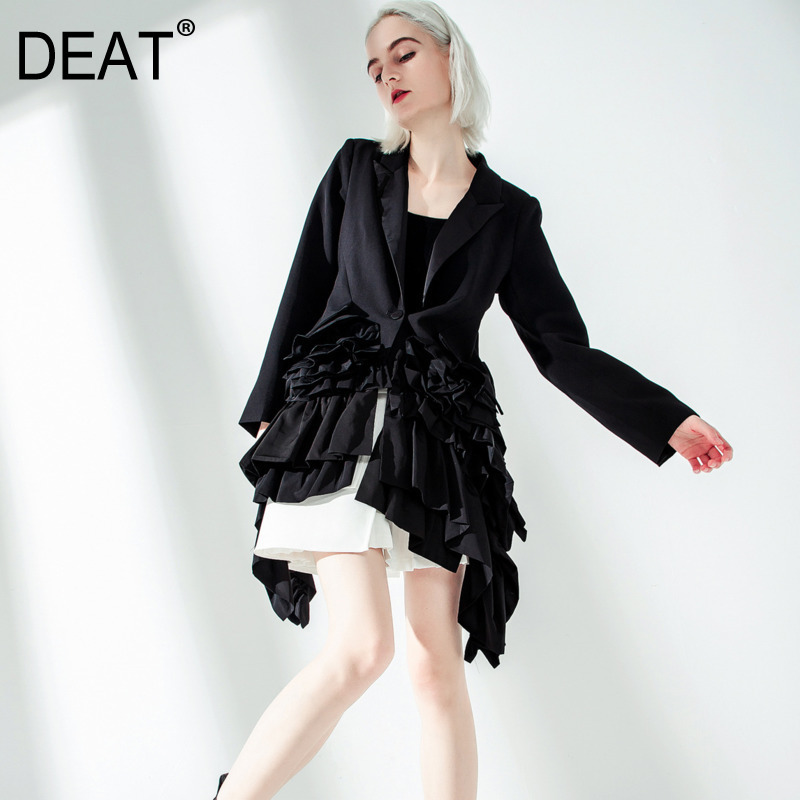 

DEAT 2020 new spring turn-down collar full sleeves ruffles patchwork single breasted covered hips high waist jacket WK40801L, Black