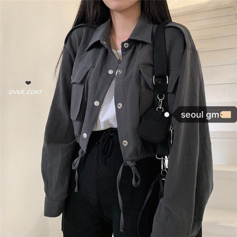 

Bomber Short Jacket Women Vintage Loose Long Sleeve Jacket Coat Black Crop Tops Oversized Retro Solid Outerwear Plus Size, Gray