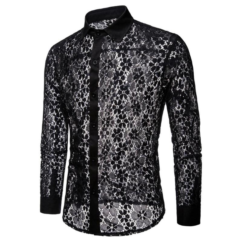 2020 Luxury Mens Floral Embroidery Lace Shirt Men Sexy Long Sleeve Solid Color Lace See Through Clubwear Down Shirt