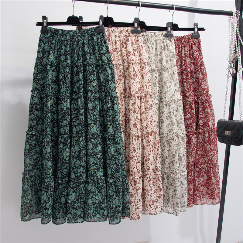 

Spring 2020 Korean Floral Maxi Long Boho Chiffon Skirts Spliced Patchwork A-line Flower Print Ankle Long Summer Chiffon Skirts, Green