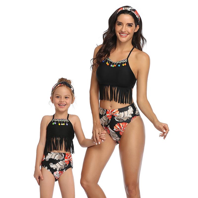 

New Mother Daughter Swimwears Mom Girls Summer Bikini Bathing Swimsuits Family Matching Clothes High Waist Tassel Swimming Suit