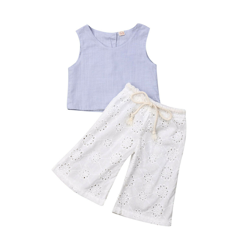 

Newborn Kid Baby Girl 2Pcs Linen Tank Tops Crop+Hollow Wide Leg Long Trousers Pants Infant Girl Kids Clothes Outfits Sets 1-6Y, Blue