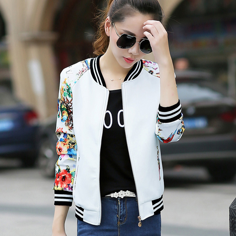 

Women' Jackets 2021 Summer Women Bomber Print Long Sleeve Basic Jacket Coats Casual Thin Slim Female White Baseball Plue Size, Black