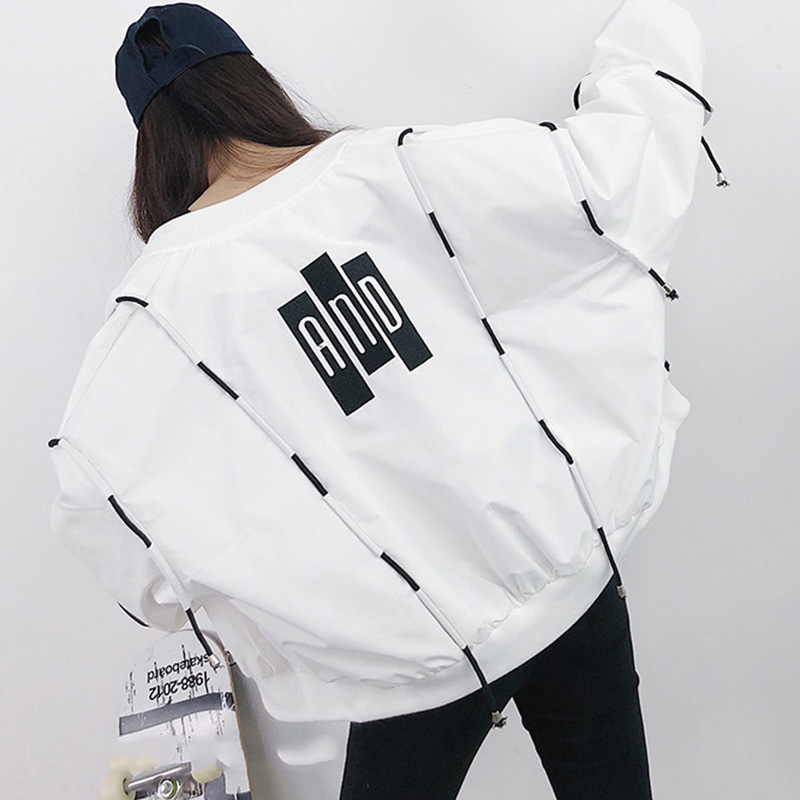 

Europe Female loose Streetwear Basic Coat hip hop Vintage Bomber Jacket Loose BF Printed Vintage Harajuku baseball Coat, White