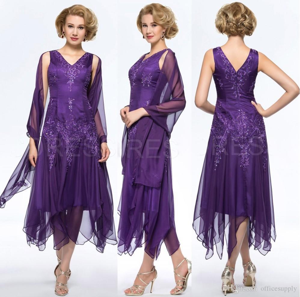 

Elegant Purple Chiffon Tea Length Mother Of The Bride Groom Dresses with Wrap Plus size V-neck Hollow Back Evening Gowns