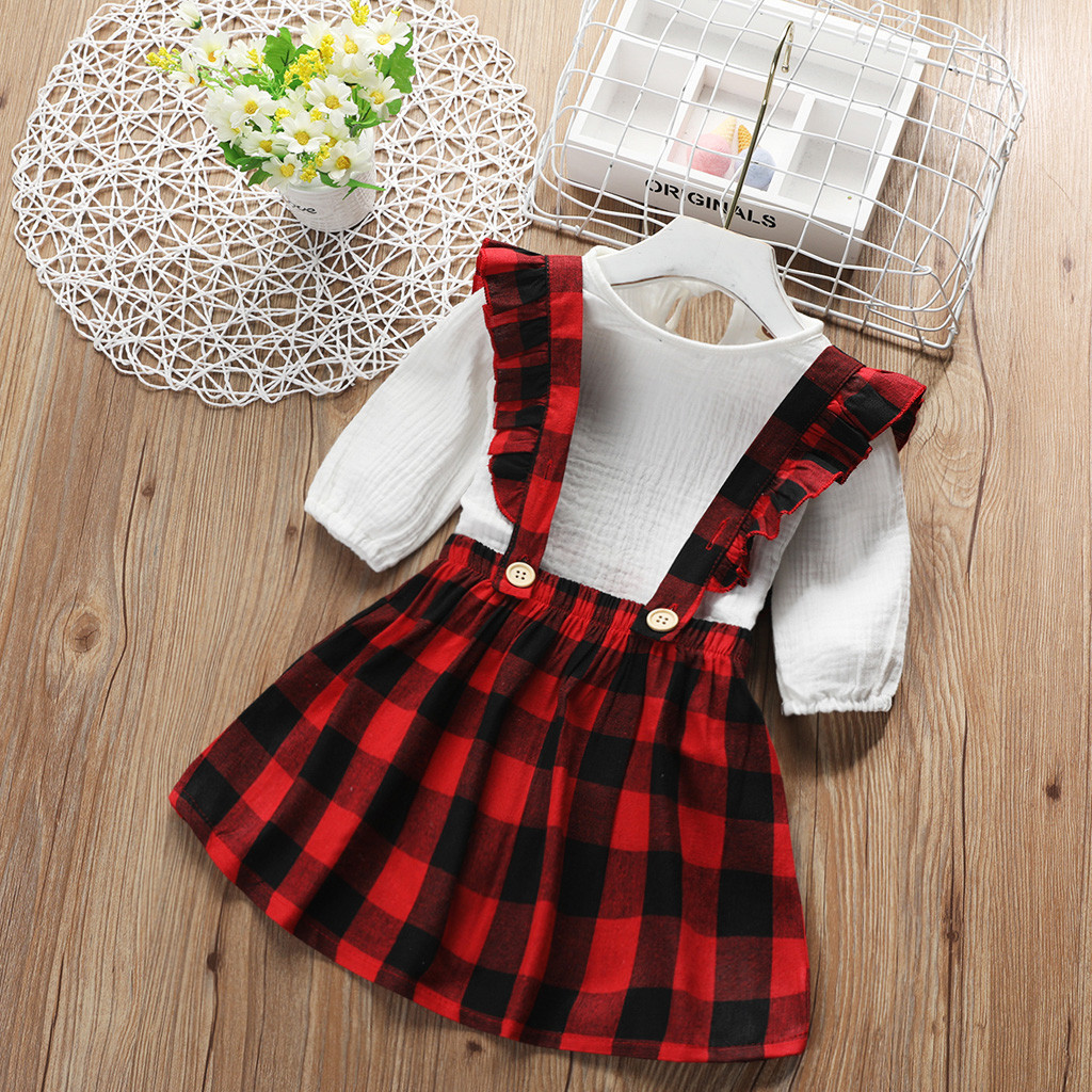 

Kids Girls Clothes Sets Outfits Long Sleeve Solid Tops Suspender Skirt Outfits Summer Toddler Girl Clothes Sets Roupa Infantil, Red