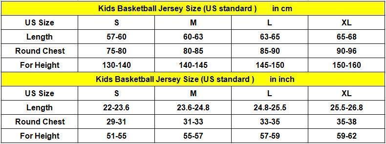 Youth Basketball Jersey Size Chart