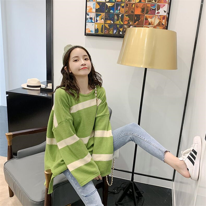 

Sweater Women's Pullover 2019 New Spring Long Sleeve Striped Solid Color Autumn Casual Loose Sweater, Green