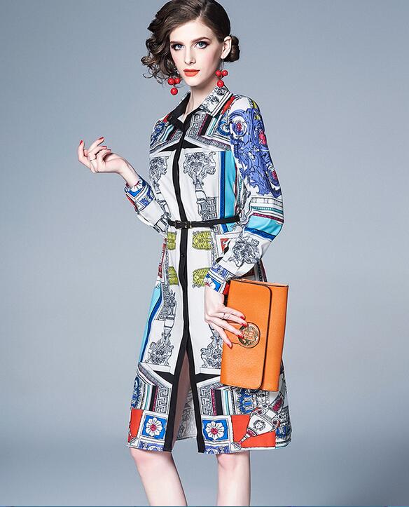 

Scarf Flora printed long sleeve women shirt dresses lapel neck A-line street style dresses knee-Length long sleeve, Multi