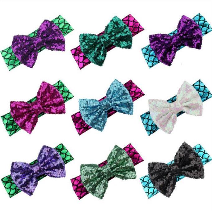 

Baby Girls Sequins Bow Headbands Kids Glitter Metallic Mermaid Headband Infant Headwraps CHildren Hairbow Hair Accessories Hair Band C170, Message your colors
