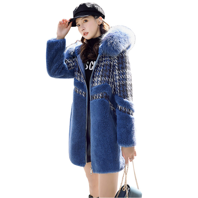 

Women Jacket Winter Female 2020 New Stitching Female Thick warm Coat High-End lambswool Hooded Fur Collar Ladies Parkas Q245, Blue