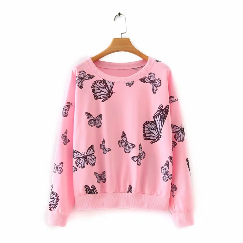 

summer girl cute pink butterfly print fashion pullover sweatshirt 2020 summer sweet women o-neck long sleeve cotton sweashirts