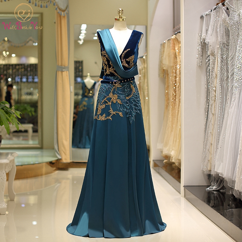

Green Evening Dress 2020 New Elegant V-Neck Velour Top Beading Satin Bottom 100% Real Pics A-line Vintage Hot Sale Prom Gowns, Red