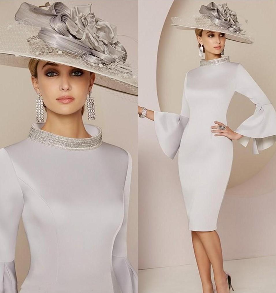 Modern Silver Mother of The Bride Dresses Crystal Beaded High Neck Long Sleeve Plus Size Wedding Guest Dress Dubai Evening Mother's Gowns