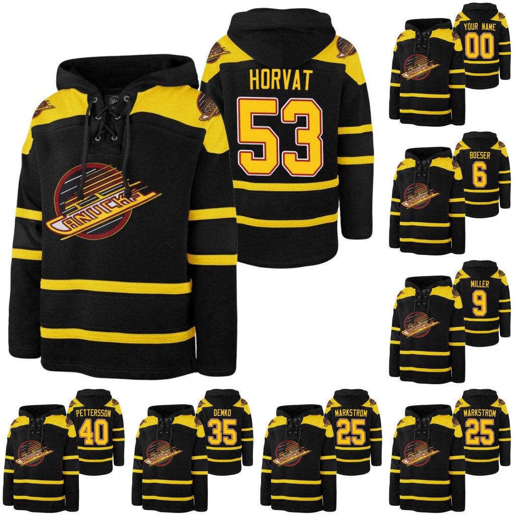

53 Bo Horvat 40 Elias Pettersson 9 J. T. Miller 35 Thatcher Demko 25 Jacob Markstrom 6 Brock Boeser Vancouver Canucks Hockey Hoodie