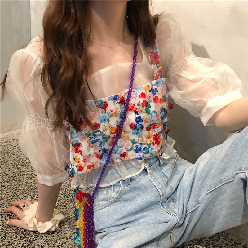 

2020 Sleeved Mesh Shirts Summer Sexy Two Pieces Transparent Shirt&Sequined Crop Tops Women Blouse X04, Black