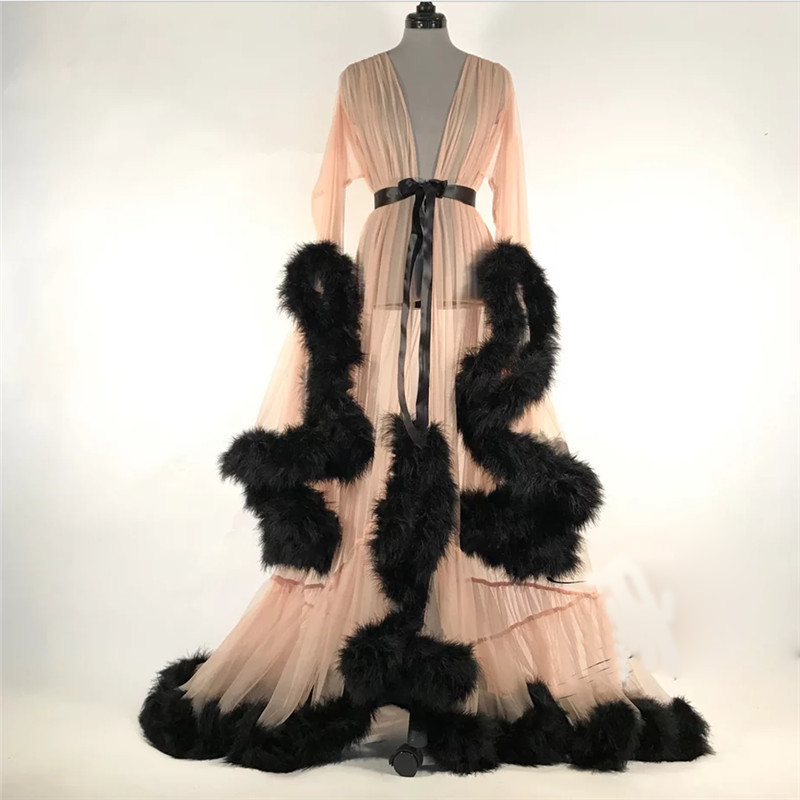 2020 Women Sexy Lace Fur Robe Ladies Luxury Furry Sleepwear Robes Loose