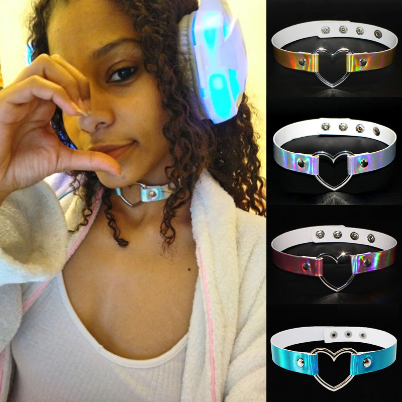 

PU Leather Chokers Necklaces for Women Girls Ladies Laser Heart Harajuku Collar Chockers Statement Charm Necklace Gift Jewelry Drop Shipping