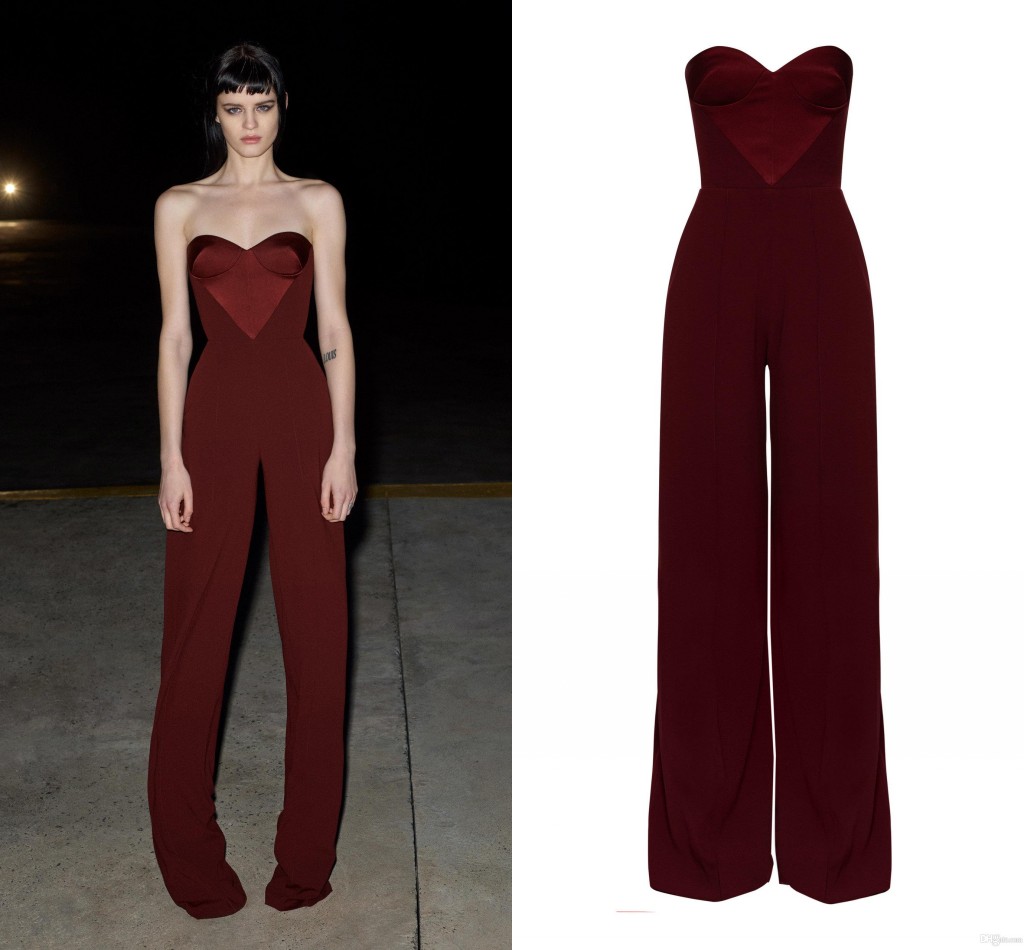 

Burgundy Chiffon Evening Gowns Jumpsuit 2020 Strapless Unique Neck Open Back Pant Suits Cocktail Party Dress Prom Gowns Bridesmaid Formal, Black