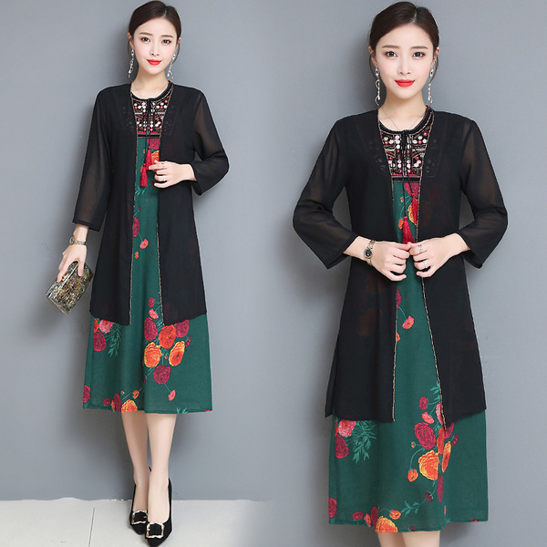 

Floral Flower Embroidery Dress Vintage Boho Bohemian Embroidered Two Piece Set Mesh Tassel Dresses Suits Women Vestidos Female, Black