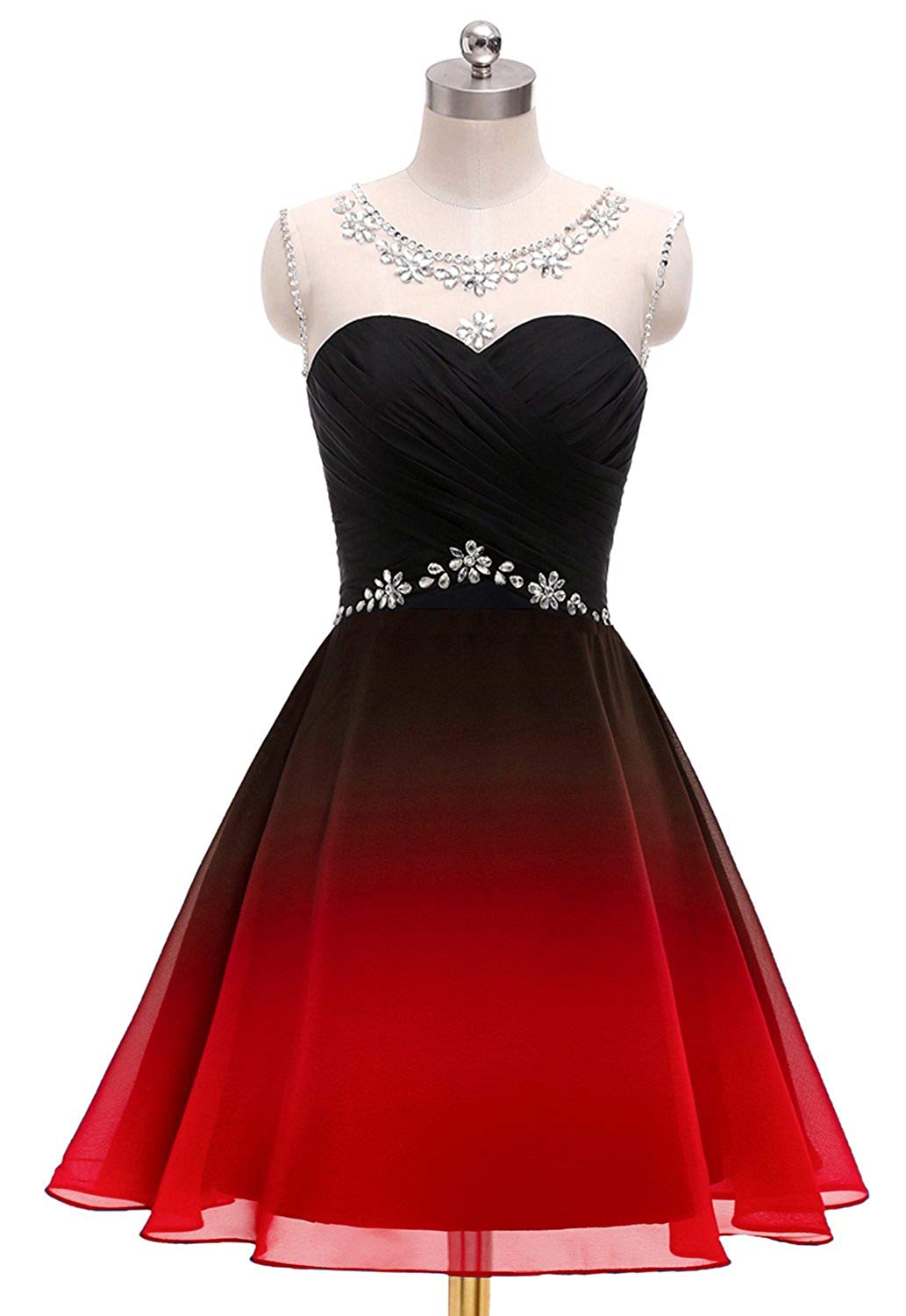 

New Sexy 2019 Real Scoop Crystals Gradient Prom Dresses Short Chiffon Plus Size Ombre Cocktail Homecoming Party Gown QC1316, Black red