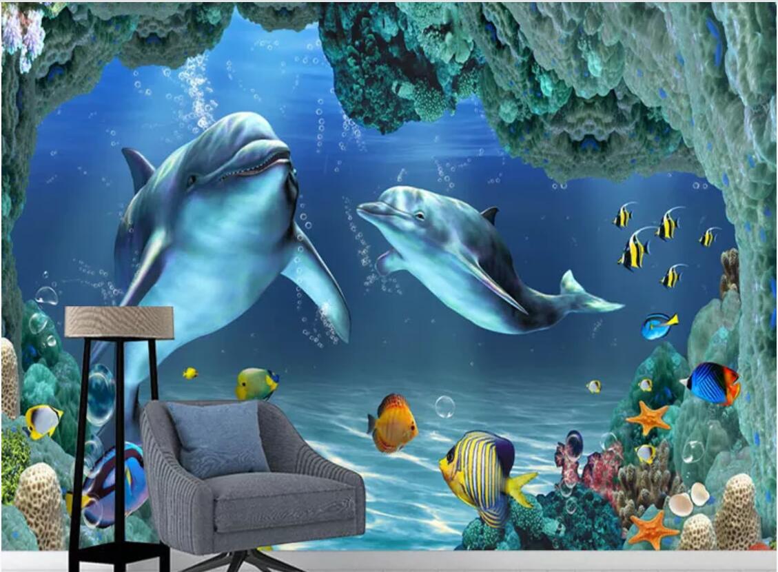 

3d wallpaper custom photo mural 3D underwater sea world dolphin mother and child love deep TV background painting canvas wall tapestry 3d, Non-woven fabric