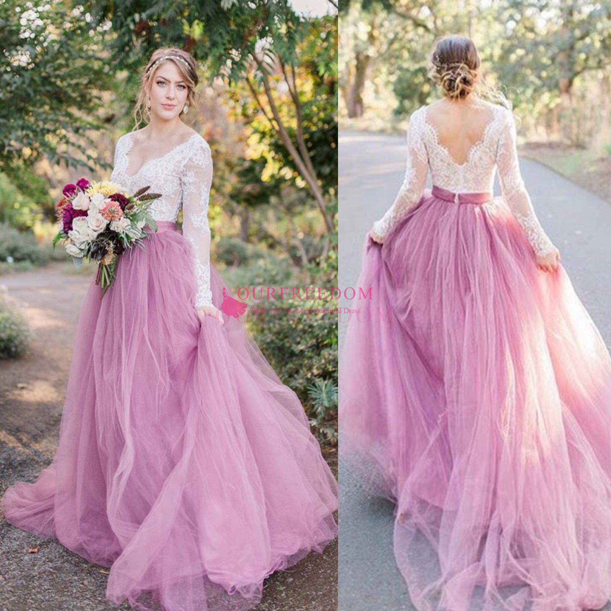

2020 Bohemian Pink Wedding Dresses V Neck Long Sleeve Lace Sweep Train Beach Boho Garden Country Bridal Gowns Robe De Mariée Plus Size, Same as image