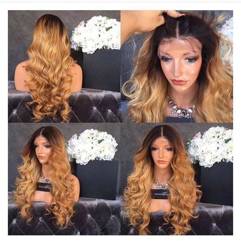 

Heat Resistant Ombre Blonde Long Curly Wavy Synthetic Lace Front Wig Dark Roots Natural Hairline 180% Density Wigs for Women, As pictures