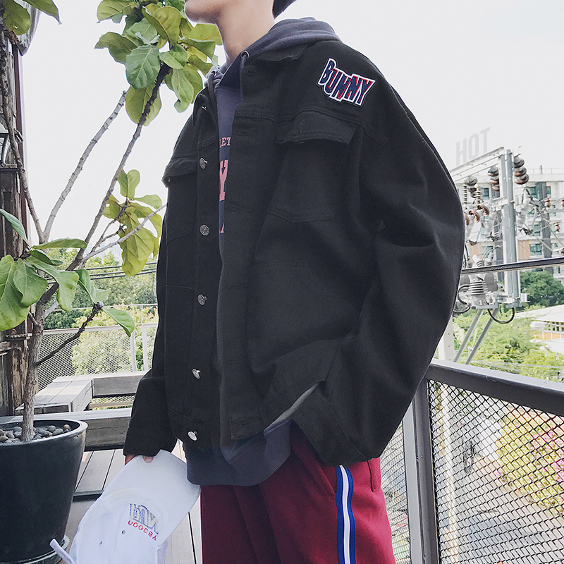 

Autumn New Denim Jacket Men Fashion Solid Color Casual Cotton Denim Jacket Man Streetwear Wild Hip Hop Loose Bomber -3XL, Black