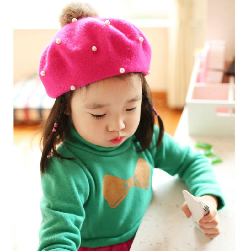 Kid Girl Toddler Basin Fashion Pearl Fur Children/'s Beret Wholesale Winter Hat