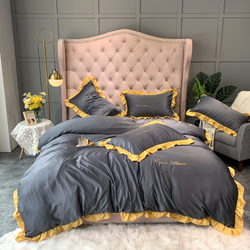 

2020 New Glossy Satin Ruffles Bedding Set Smooth Lustrous Duvet Cover Set Bed Sheet Pillowcases Queen King Size 4pcs, Bn9