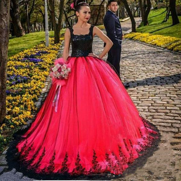 

Appliques Lace Gothic Ball Gown Wedding Dresses 2019 Fabulous Black Top Red Skirt Lace Long Puffy Country Bridal Formal Gowns B181, White