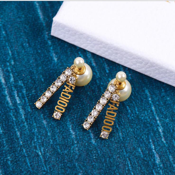 Classic popular small fragrant letter earrings pearl inlaid with diamond letter brass 925 silver needle high plate female Earrings