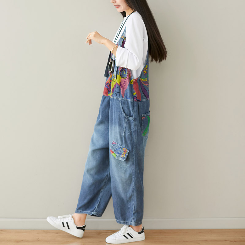 

Boyfriend Jeans for Women Denim Overalls Elegant Jumpsuit Cotton Rompers Vintage 2019 Autumn Winter Trousers Print Wide Leg New