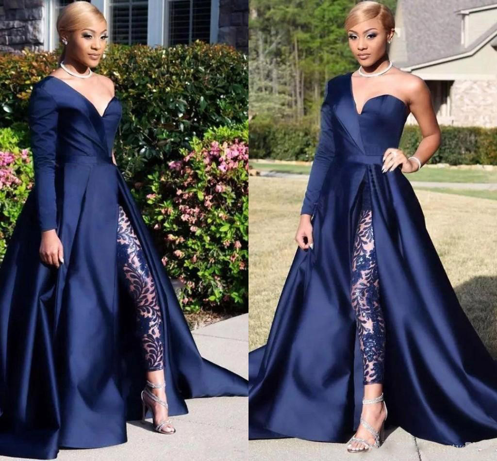 Navy Blue Dubai One Shoulder Jumpsuits Formal Evening Dresses A Line High Split Long Sleeve Prom Party Gowns Celebrity Dresses-image-544725648