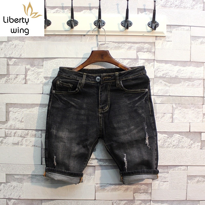 

Summer Men Slim Denim Cargo Casual Retro Ripped Stretch Teenager Fashion Knee Length Jeans Beach Shorts Plus Size, As picture